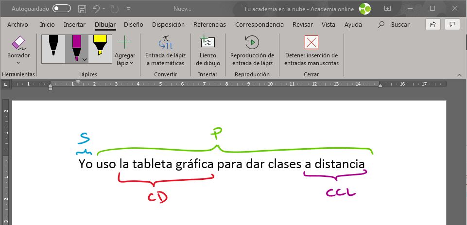 Imagen de Word en la que se muestra un ejemplo de cómo utilizar una tableta gráfica para explicar el análisis sintáctico.